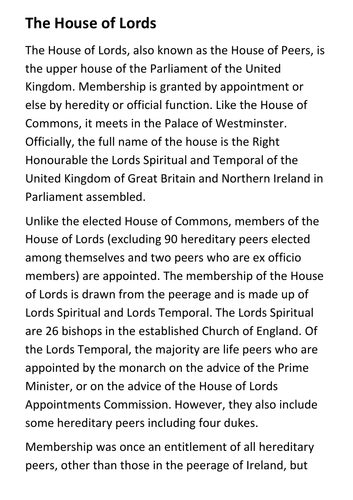 The House of Lords Handout