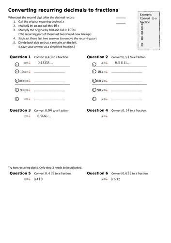 Recurring decimals to fractions - scaffolded