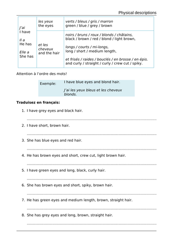 Description Physique - Physical description handout - French