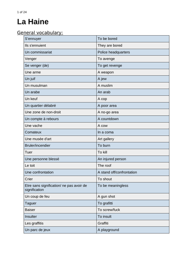La Haine Film Revision Notes (in French) AQA A-Level French
