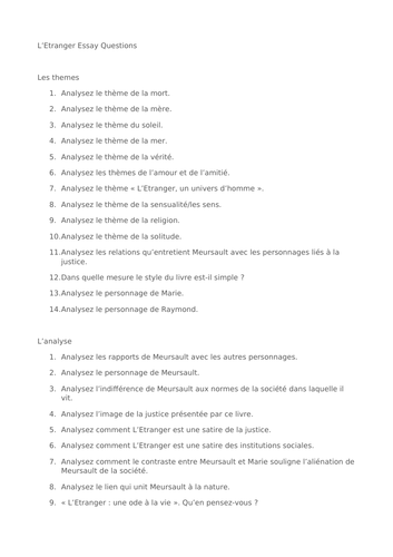 L'etranger A level French AQA Essay Questions