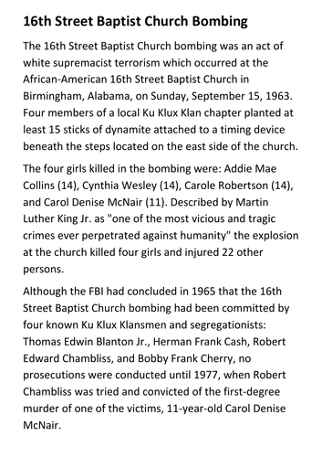 16th Street Baptist Church Bombing Handout