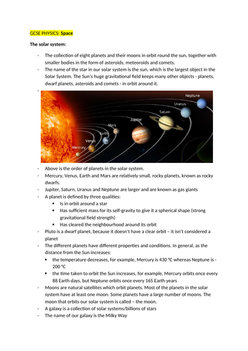 GCSE AQA Physics: Space Revision Notes