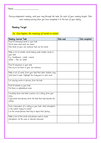 Reading Journal Content Domain Tasks for Independent Reading