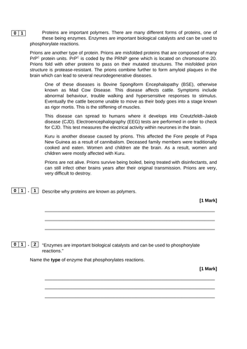 A LEVEL BIOLOGY COMPREHENSION  QUESTION - APPLICATION, PRIONS