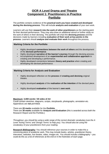 OCR A Level Drama and Theatre - Practitioners in Practice - PORTFOLIO Guidance Worksheet
