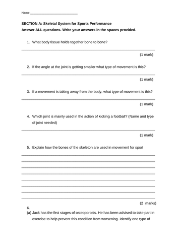 PE Skeletal System test and mark scheme