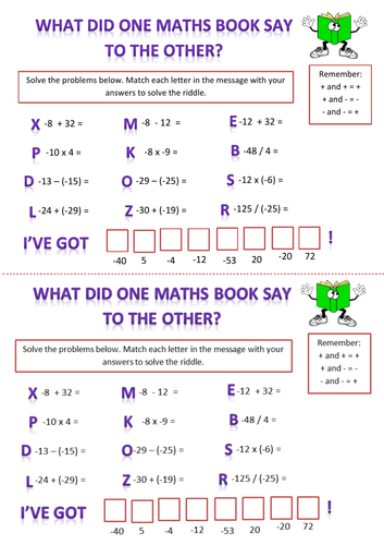 Negative Numbers Secret Message Worksheet