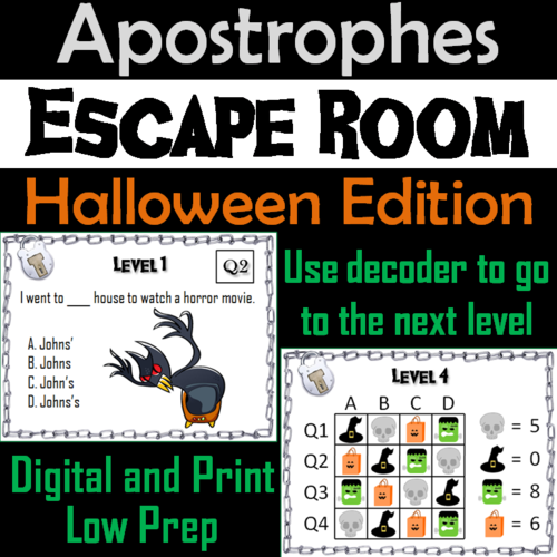 Apostrophes Activity: Halloween Escape Room Grammar