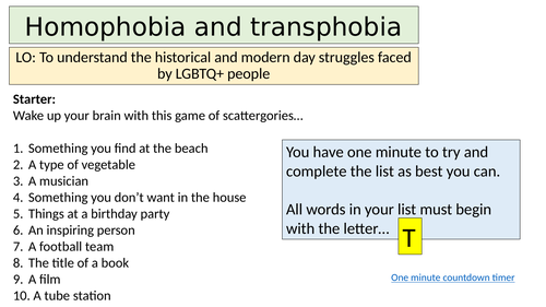 Homophobia and transphobia - PSHE lesson KS3 / KS4
