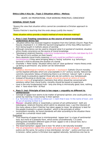 OCR A Level RS, Ethics- Situation Ethics essay plans