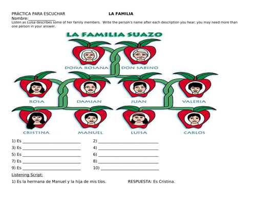 La Familia - Listening Practice Worksheet - Spanish - Year 7
