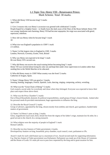 Topic Test for 1.1 Henry VIII Renaissance Prince. Markscheme included.