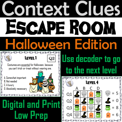 Context Clues Activity: Vocabulary Escape Room Halloween