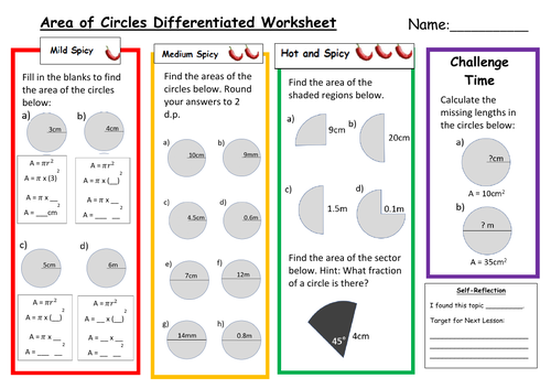 Area of Circles Differentiated Worksheet with Answers