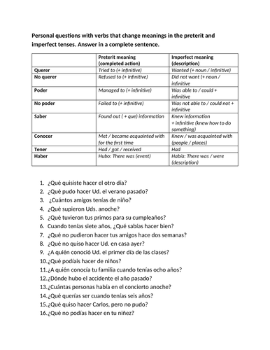 Personal questions meaning change verbs preterit imperfect