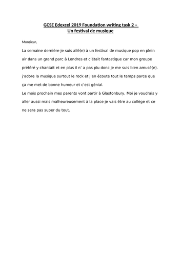 GCSE Edexcel 2019 Foundation Writing Task 2 EXAMPLE - Un festival de musique