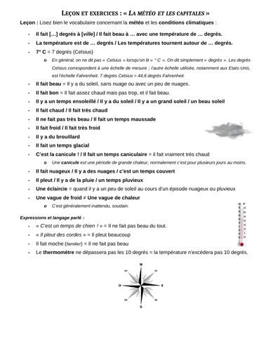 "La météo et les capitales" (Weather and capital cities), lesson + 4 exercises with crossword puzzle