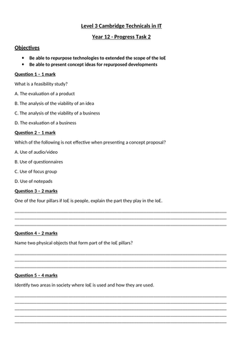 CTEC IT - Cambridge Technicals in IT (2016) - Progress Tasks and answers (Unit 1 and 2).