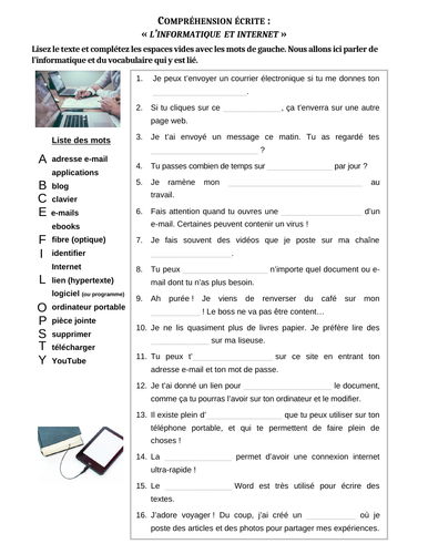 "L'informatique, les ordinateurs et internet" (French vocabulary: 16 sentences about informatics)