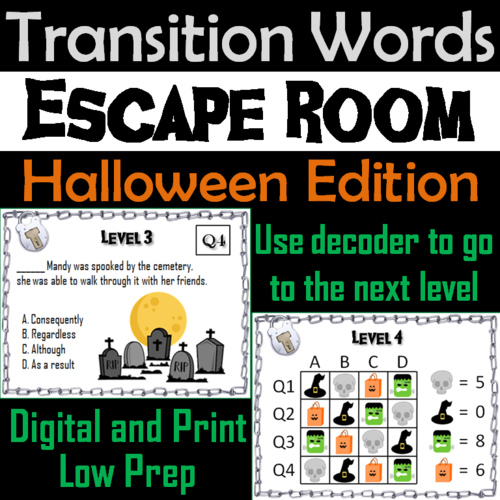 Transition Words Activity: Vocabulary Escape Room Halloween