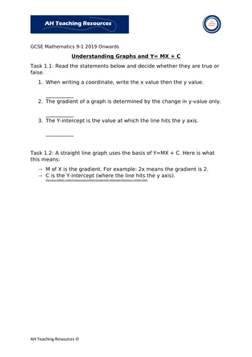 Understanding Graphs and Y=MX+C Worksheets