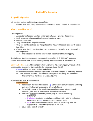 Political Parties (A-level Edexcel) notes