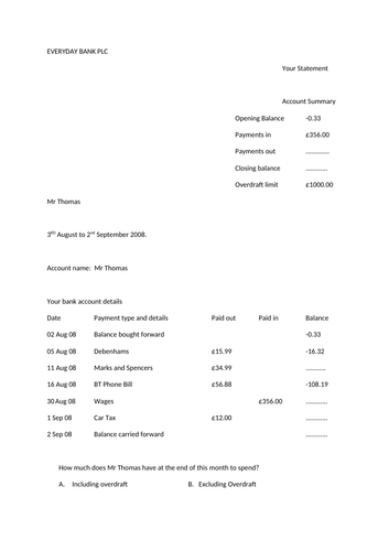Negative number extension: fill in the gaps bank statement
