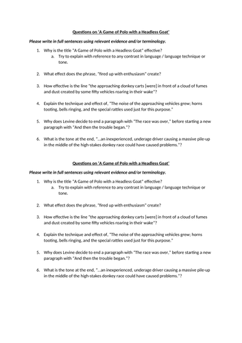 A Game of Polo With a Headless Goat - Analysis Questions