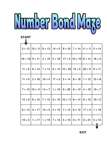 KS1 - Year 1/2 - Mathematics - Number Bonds to 20 Maze Game - Worksheet