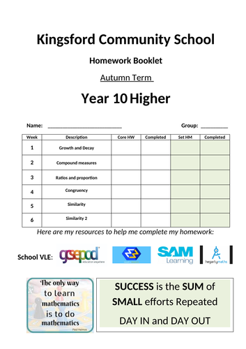 GCSE Higher Homework Y10H1