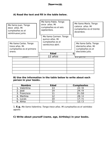Spanish basic details - name, age, birthday worksheet