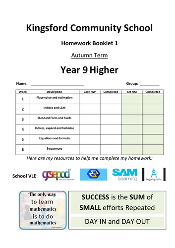 GCSE Higher Homework Year 9H1