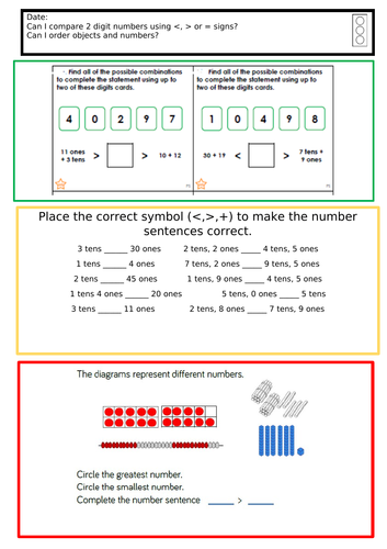 Place Value year 2 compare 2 digit numbers and objects using  or = signs?