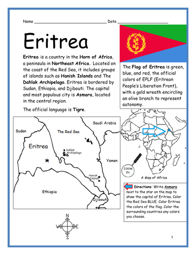 ERITREA - Printable handout with map and flag