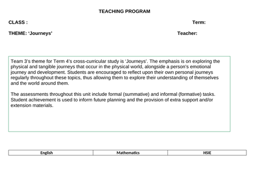 'Journeys' Thematic Cross-Curricular Program of Study for Students in a Support or SSP Setting