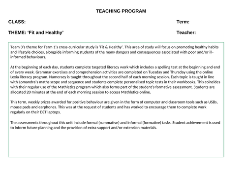 Fit and Healthy Cross -Curricular Program of Study for a Behaviour or Support (SEN) Setting