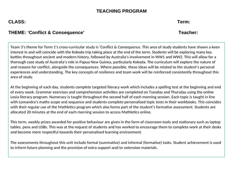 Conflict and Consequence Thematic Cross-Curricular Program for a Behaviour or Support (SEN) Setting