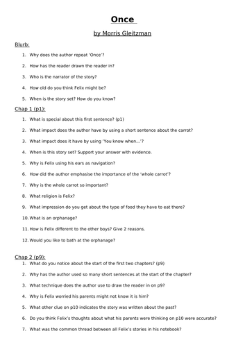 Guided Reading questions for the whole of 'Once' by Morris Gleitzman