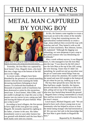 The Iron Man By Ted Hughes A Newspaper Article Model Wagoll Teaching Resources
