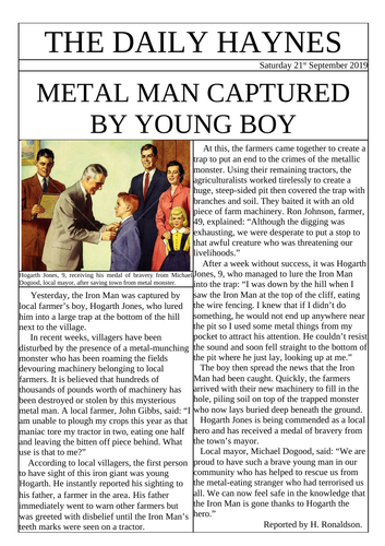 The Iron Man by Ted Hughes - A Newspaper Article Model (WAGOLL) | Teaching Resources