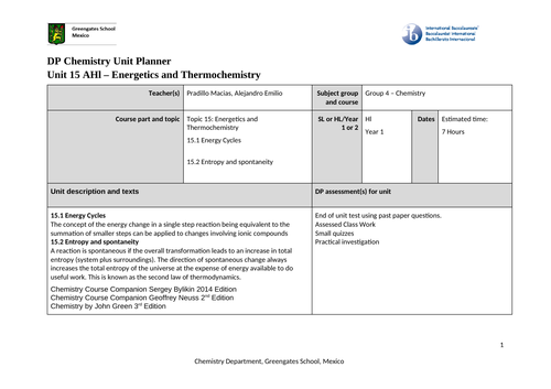 Unit Plan IB Hl Topic 15 Chemistry Energetics and Thermodynamics