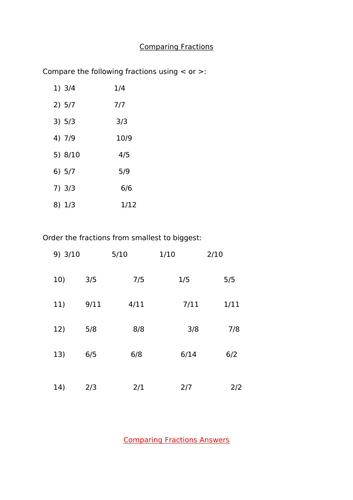 Year 6 Comparing by Numerators