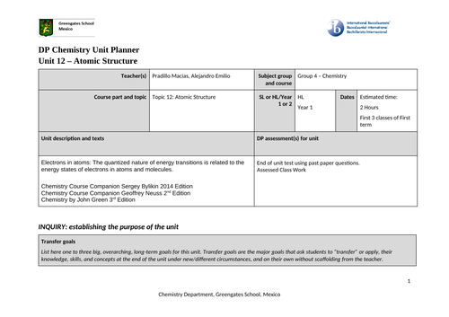 Unit Plan IB Hl Chemistry Topic 12 Atomic Structure