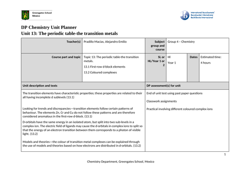 Unit Plan IB Hl Chemistry Topic 13 The periodic Table Transition Metals
