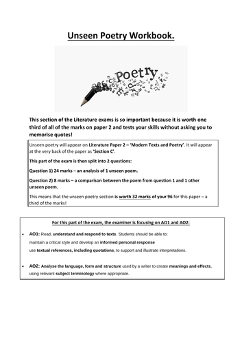 Unseen Poetry Workbook - Independent AQA guide. | Teaching Resources