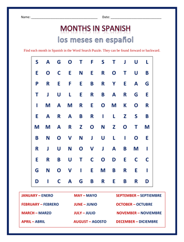 months in spanish word search puzzle teaching resources