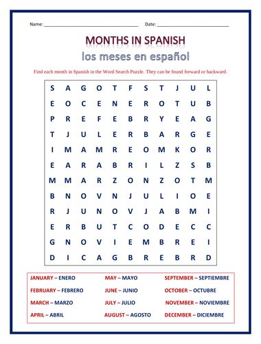 Months In Spanish Word Search Puzzle Teaching Resources
