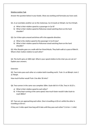 Relative Motion Task Teaching Resources