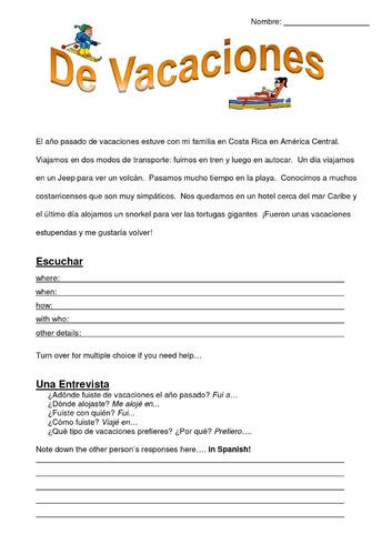 Mis vacaciones - My holidays - KS4 - Reading comprehension - Spanish